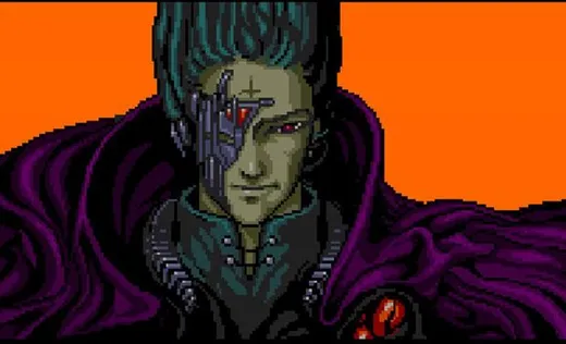 CATS, a pale cyborg villain, speaking from a screen
