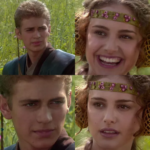 Four panels in a meadow: Anakin speaking, Padmé smiling, Anakin silent, Padmé worried