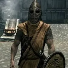 A Whiterun city guard in a helmet and yellow tabard