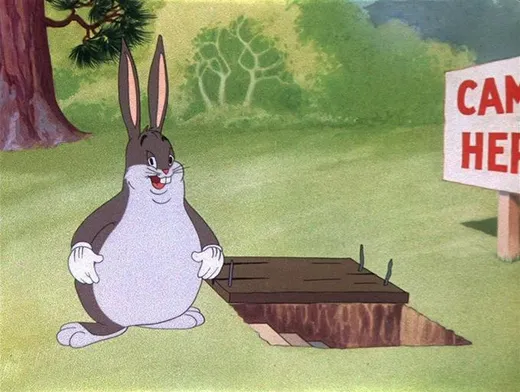 A huge, round Bugs Bunny standing smugly in a forest clearing