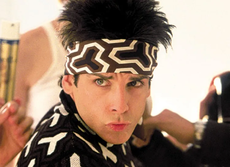 Ben Stiller as Derek Zoolander pouting intensely with sucked-in cheeks