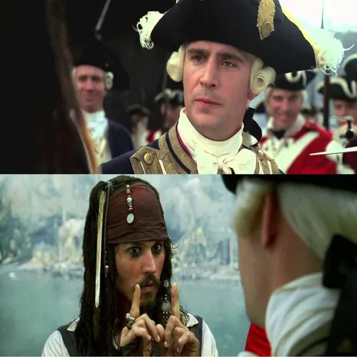 Two stills: Commodore Norrington talking, and Jack Sparrow replying with a grin