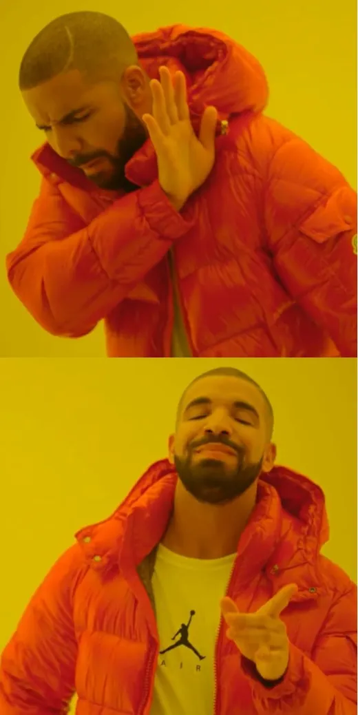 Two stills of Drake in an orange jacket: holding up a hand to refuse, then smiling and pointing in approval