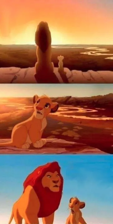 Mufasa and young Simba sitting on Pride Rock at sunrise, looking out over the savannah