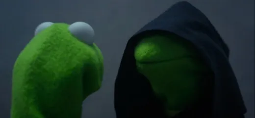 Kermit the Frog facing a lookalike in a dark hooded cloak