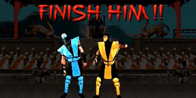 Two Mortal Kombat fighters, one dazed, with the words "Finish him!" on screen