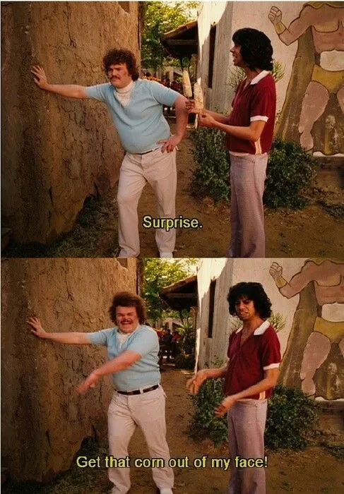Panels of Jack Black as Nacho in a red shirt, swatting at a corn cob held by a man