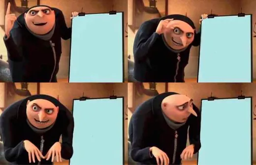 Four panels of Gru presenting a plan on a flip chart, the last one looking back at the chart in alarm
