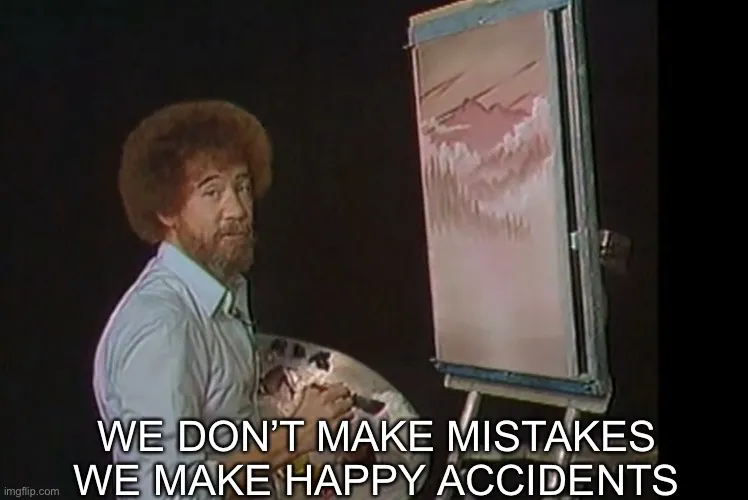 Bob Ross with his curly hair and palette, smiling, with a subtitle