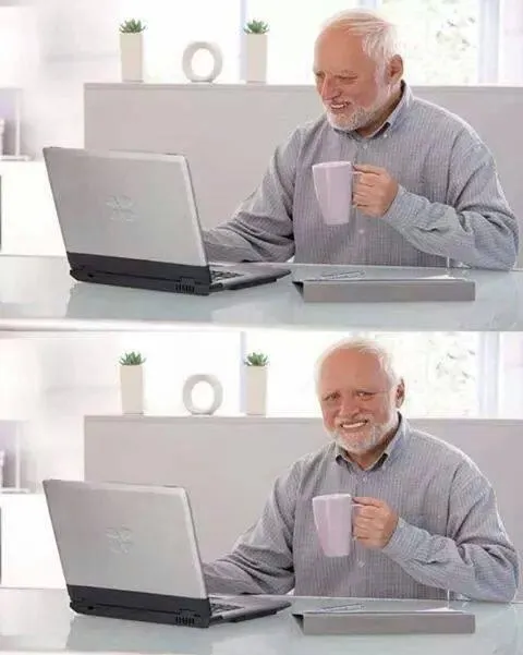 An older man with white hair and a beard smiling stiffly at a laptop, shown in two panels