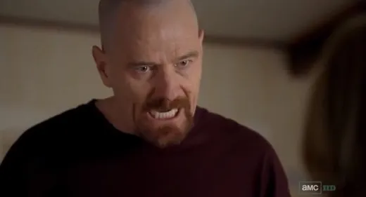 Walter White, bald and bearded, speaking intensely in a dim room