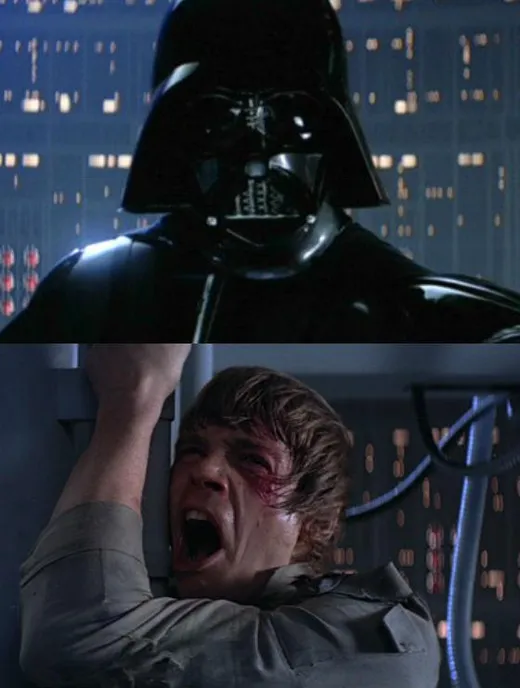Darth Vader and Luke Skywalker facing each other on a gantry in Cloud City