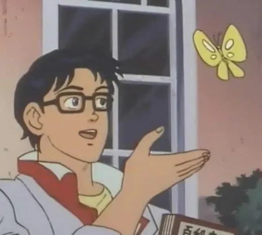An anime man in glasses gesturing at a yellow butterfly flying past him