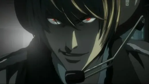 Light Yagami in shadow, smiling with a sinister look