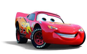 Lightning McQueen, a red race car with lightning bolt decals, smiling