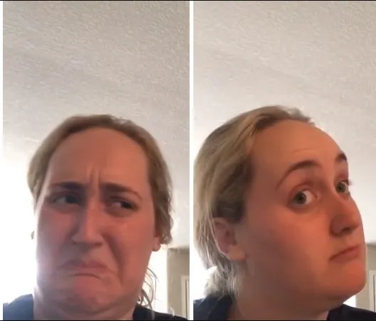 Two frames of a young woman: one grimacing in disgust, one tilting her head, reconsidering