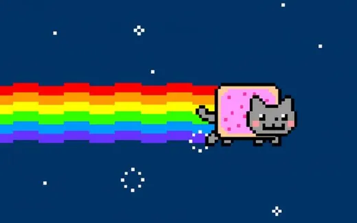 A pixel art cat with a pink pastry body flying through space with a rainbow trail