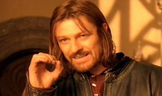 Boromir at the Council of Elrond, mid-sentence, touching his thumb and finger together