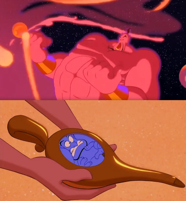 Two panels: the blue Genie expanding with power, then squeezed inside his small lamp