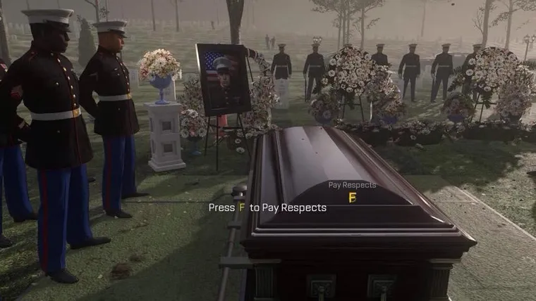 A soldier standing over a coffin at a military funeral, with an on-screen prompt