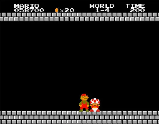 Pixel art Mario standing next to Toad in a castle room with a message