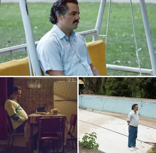 Three stills of Pablo Escobar sitting and standing alone, looking bored and lonely