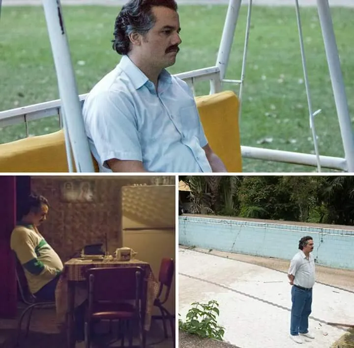 Three stills of Pablo Escobar sitting and standing alone, looking bored and lonely