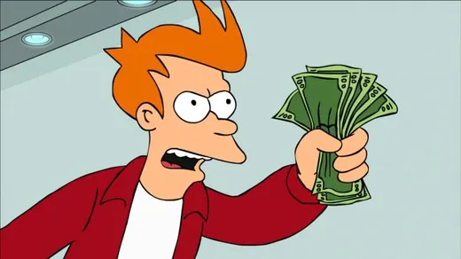 Cartoon character Fry from Futurama holding out a fistful of money, shouting