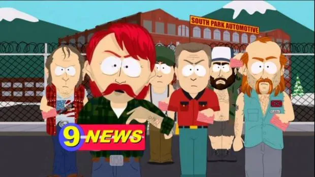 A group of angry cartoon men in caps and flannel shirts, shouting