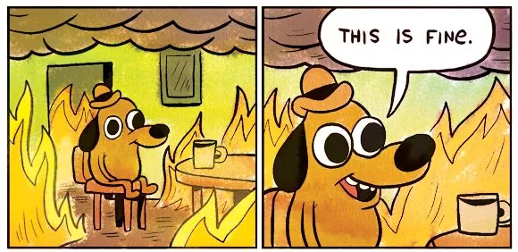 A cartoon dog in a hat sitting at a table in a burning room, saying This is fine