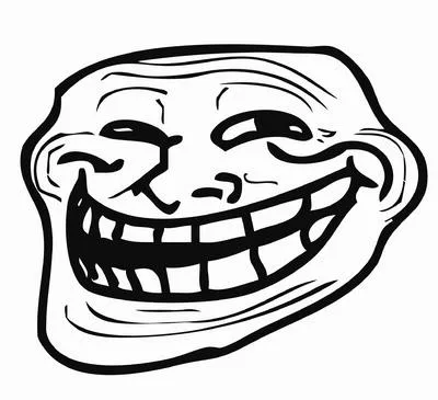 A black and white cartoon face with a huge, mischievous grin