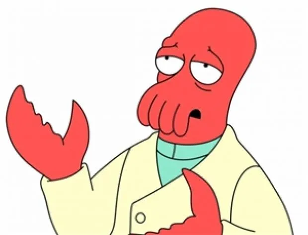 Dr. Zoidberg, a red lobster-like alien in a lab coat, waving his claws