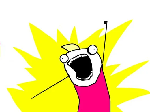 A cartoon stick figure with a ponytail holding a broom in the air, shouting