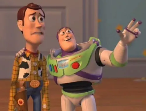 Buzz Lightyear with his arm around a worried Woody, gesturing at the distance
