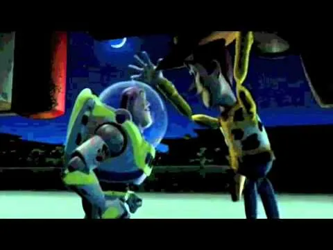 Woody shouting at Buzz Lightyear, who stands proudly