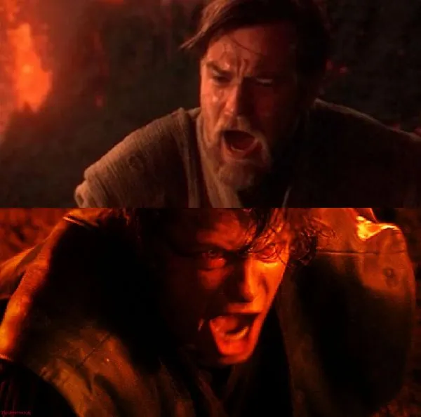 Obi-Wan Kenobi standing on a lava bank, shouting in anguish